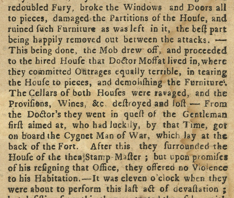 Detail of the September 5, 1765, Supplement to the Boston News-Letter -- read full page 1, page 2