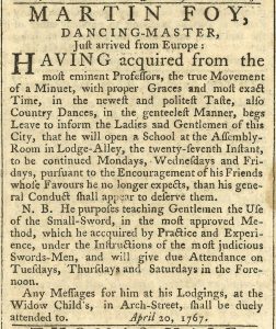 Ad in the April 20, 1767, Pennsylvania Chronicle