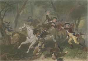 Engraving depicting the death of British Major Patrick Ferguson at the Battle of Kings Mountain during the American Revolutionary War, October 7, 1780. Source: Anne S. K. Brown Military Collection