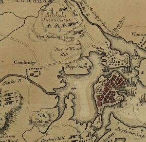 Detail of a 1775 Boston map depicting the location of the powder house, or magazine, now in Somerville (as shown above)