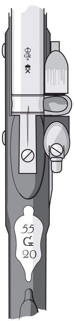 A musket from the 55th Regiment of Foot with a groove filed into the breech for sighting. Illustration by Mark Tully after an original musket. Many similar grooves on American and British muskets can be seen in George Neumann, Battle Weapons of the American Revolution (Texarkana, TX: Scurlock Publishing, 1998).