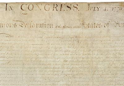 Detail of the engrossed copy of the U.S. Declaration of Independence that is on display at the National Archives, Washington, DC.