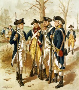 Illustration depicting the uniforms and weapons used during the Revolutionary War, including a pike in the left soldier's hand. Source: Library of Congress