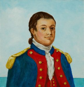 This portrait by William Lee is based off the only known image of Samuel Smedley: an ivory miniature, one-inch long, said to have been painted while he was in Holland. Smedley's second command of a privateer ended with his capture and imprisonment in England. He soon escaped to France where Ben Franklin gave him the command of two ships full of supplies, which Smedley sailed from Amsterdam to Philadelphia in 1782.