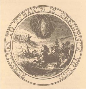 In 1776, Thomas Jefferson, Benjamin Franklin, and John Adams proposed this image for the Great Seal of the United States. The image depicts Pharaoh’s army drowning as Moses closes the Red Sea upon them, while the pillar of fire guides God’s chosen people. The motto suggests that Moses’ actions (and those of the American Revolutionaries) were sanctioned by God. Source: Library of Congress.