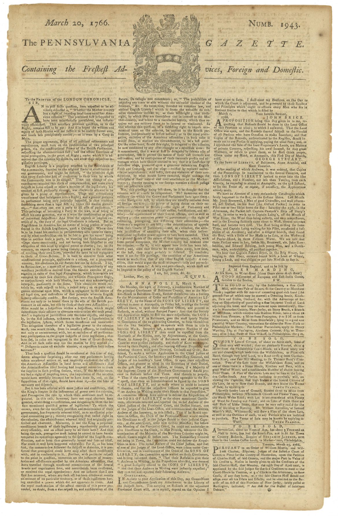 1766march20pg1PennsylvaniaGazette Journal of the American Revolution