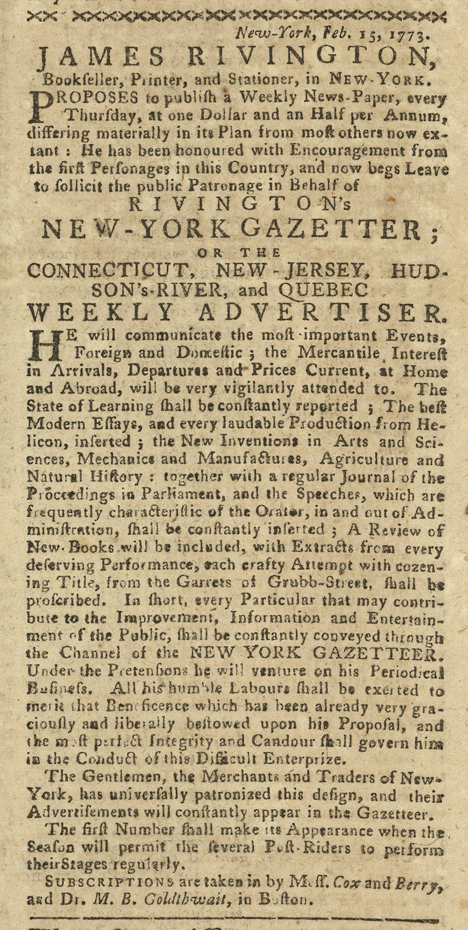 Advertisement in the Boston Gazette, March 22, 1773. 
