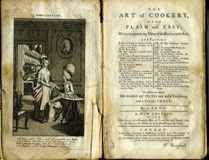 Title page and frontispiece to Art of Cookery book c. 1777.