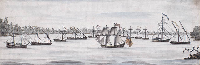 Contemporary watercolor of C. Randle's artwork, "A Sketch of the New England Armed Vessels, in Valcure Bay..." (see original)