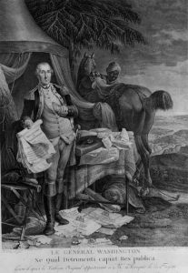 French engraving, circa 1780, showing General Washington holding the Declaration of Independence. The black man with the horse, though not identified, may represent Lee.