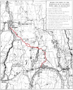 Map of area showing military road to Castleton in red. From Joseph and Mabel Wheeler, The Mount Independence-Hubbardton Military Road (Benson, VT: J.L. Wheeler, 1968), 94-5. 
