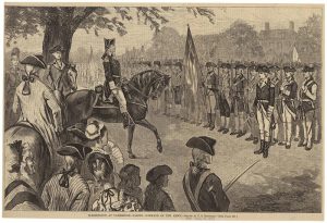 "Washington at Cambridge, taking command of the Army, 1775," print by Charles Stanley Reinhart, 1875. Source: New York Public Library