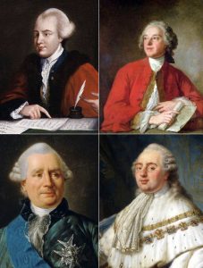 Clockwise from top left: John Wilkes (National Portrait Gallery, London), Beaumarchais (Comédie-Française), King Louis XVI (Palace of Versailles), Charles Gravier, comte de Vergennes (Palace of Versailles)