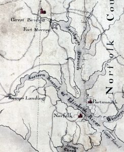 Detail from a 1770s map showing the Great Bridge area. Oriented with North to the bottom. Source: Library of Congress