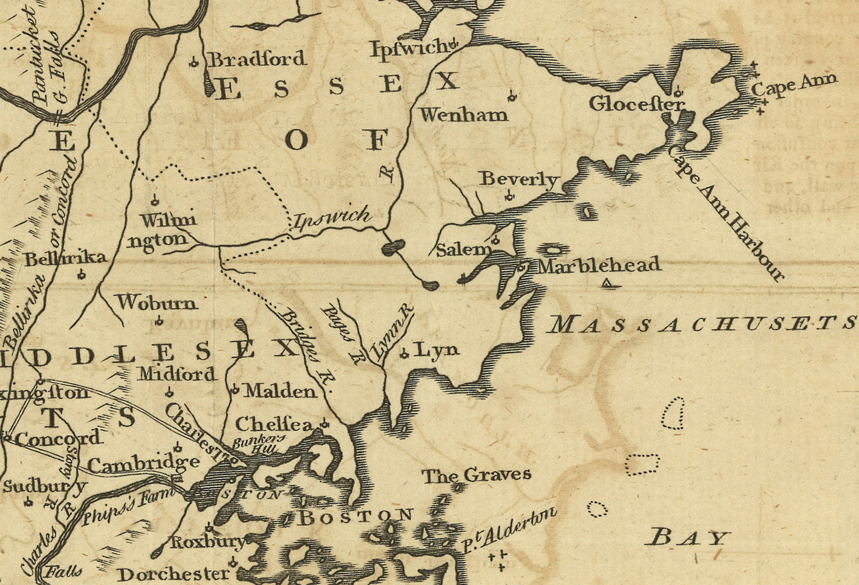 1775 Map Of 100 Miles Around Boston 