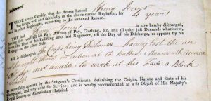 Detail of the discharge of Henry Jervis from the Royal Irish Invalids in 1802. He previously served 16 years in the 22nd Regiment of Foot, and was discharged “having lost the use of his right hand in action at the Battle of Monmouth America, old age and unable to work at his trade a Black Smith.” WO 119/4/257, British National Archives.