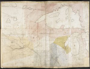 Captain Jonathan Carver's manuscript map of the upper Mississippi valley and western Great Lakes. This map was likely reviewed by Franklin in London in 1769 (British Library).