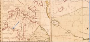 John Jay's red line marks the northwest boundary to his re-routed Mississippi within "A NEW MAP of HUDSON'S BAY," inset in the extreme upper left of Mitchell's map (New-York Historical Society).