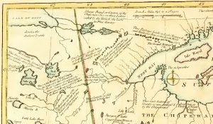 Northwest corner of "A Plan of Captain Carver's" showing the water communication from Lake Superior to Lake of the Woods. Two opposing arrows above “The Grand Portage” label mark the continental drainage divide.