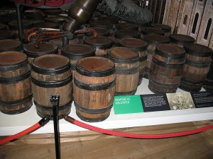 Photo of powder "half barrels" at the Tower of London. These barrels are the kind that were in the Williamsburg Magazine (Norman Fuss).
