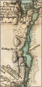 Area between Crown Point and Ticonderoga. The rectangle north of Ticonderoga is the likely area of the ambush of the scouting party. Detail from William Brassier, A Survey of Lake Champlain, including Lake George, Crown Point and St. John (London: Sayer & Bennett, 1776) ( David Rumsey Map Collection). 