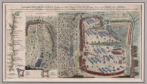 Samuel Blodget's hand-colored engraving A Prospective View of the Battle Fought near Lake George, London, 1756 (Richard H. Brown Collection).