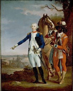 Marquis de Lafayette at Yorktown by Jean-Baptiste Le Paon in 1783. The identity of the servant holding his mount is unknown (Lafayette College, Easton, PA).