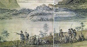 Officers’ servants attended them in the field, as well as in a military camp or garrison. Detail from Pierre Charles L'Enfant (1754-1825) painting of West Point and dependencies. View is from the east side of the Hudson River, across the water on the right is the lower part of Constitution Island. This was done after August 1782, as service chevrons, worn on the saluting soldier’s left sleeve, were first authorized on the 7th of that month (Library of Congress).