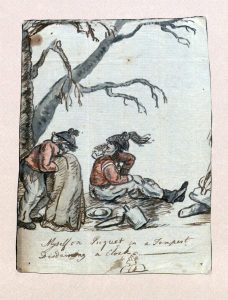 “Myself on Picquet in a Tempest Disdaining a Cloak.” A drawing by Lt. Richard St. George Mansergh St. George, 52nd Regiment of Foot. Likely portraying an incident from the 1777 campaign around Philadelphia, the servant pictured may have been his man Collins (Harlan Crow Library).