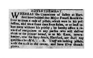 Although Major French had managed to retain his personal baggage, keeping track of it in captivity was difficult. He placed this ad in the Connecticut Courant; it ran on August 19, 1776 and again the following week.