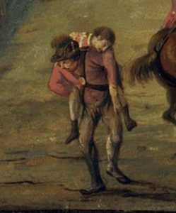 Lt. St. George being carried off the field by Corporal Peacock. Detail from Battle of Germantown, October 4, 1777 (1782) by Xavier della Gatta (Museum of the American Revolution). A full-length portrait of St. George by Thomas Gainsborough is in the National Gallery of Victoria, Melbourne, Australia.