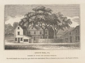 Nineteenth-century illustration of the Liberty Tree in Boston (Houghton Library, Harvard University).
