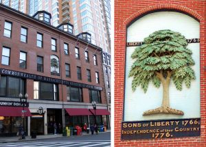 Massachusetts Motor Vehicles building in Boston with Liberty Tree plaque (Freedom Trail Foundation).