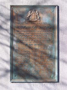 This is the plaque and the monument placed near the site widely believed to be the location of where the massacre occurred based on a survey completed at the turn of the 20th Century by the Pennsylvania Historical Commission. The monument, dedicated in 1933, bears the the names of 15 men who were supposedly killed at the time of the massacre. Photo courtesy of author.