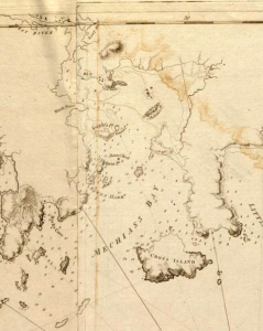 A 1776 nautical chart of Machias Bay; Machias is at the very top. (Boston Public Library)