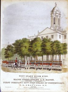 No illustrations survive depicting the uniform of the Governor's Foot Guard. This illustration, from an 1845 issue of The Hartford Courant, shows the unit as it looked in the 19th century with ceremonial uniforms. (Hartford Courant)