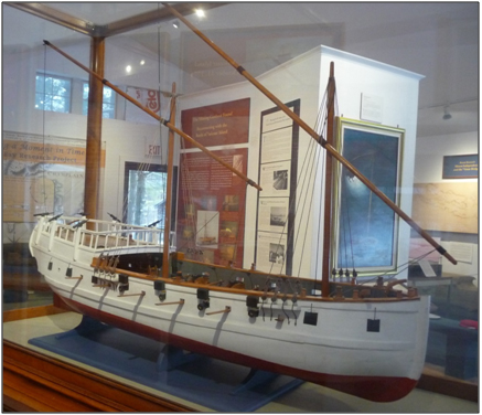 Model of a row galley aboard which guards lived in the winter. Note the minimal area below decks so it is probable that the guards built shelters on the main deck. (Lake Champlain Maritime Museum)