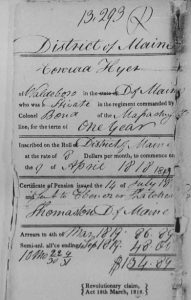 Cover of Conrad Heyer’s 1819 pension file, showing that he had one year of service. (National Archives and Records Administration, Washington, DC)
