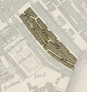 Figure 1. Spur Alley 1685. “A map of the parish of St Martins in the Fields, taken from ye last survey, with additions (1685)”. (British Library)