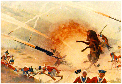 English forces endure a rocket attack at Pollilur, 1780. (NASA; TRW Inc. and Western Reserve Historical Society, Cleveland, Ohio)