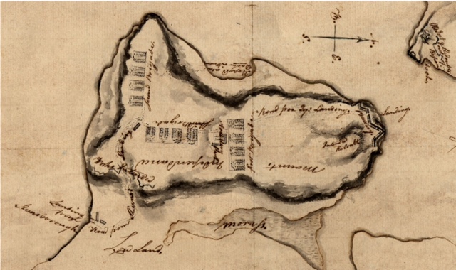 Detail of 1776 map of Mount Independence and Ticonderoga drawn by John Trumbull. Note the brigade encampments: Construction of the Star Fort displaced the first brigade. The “Intended Redoubt” noted to the right became the Horseshoe Battery. (Charles Allen Munn Collection, Fordham University Library, Bronx, NY)