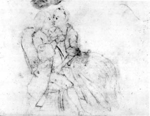 Pencil sketch: Franklin and a lady, 1767, attributed to Charles Willson Peale. (American Philosophical Society, Philadelphia)