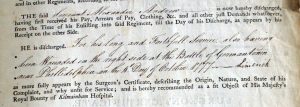 Detail of Alexander Andrew’s discharge, referring to his wound at the battle of Germantown. (British National Archives)