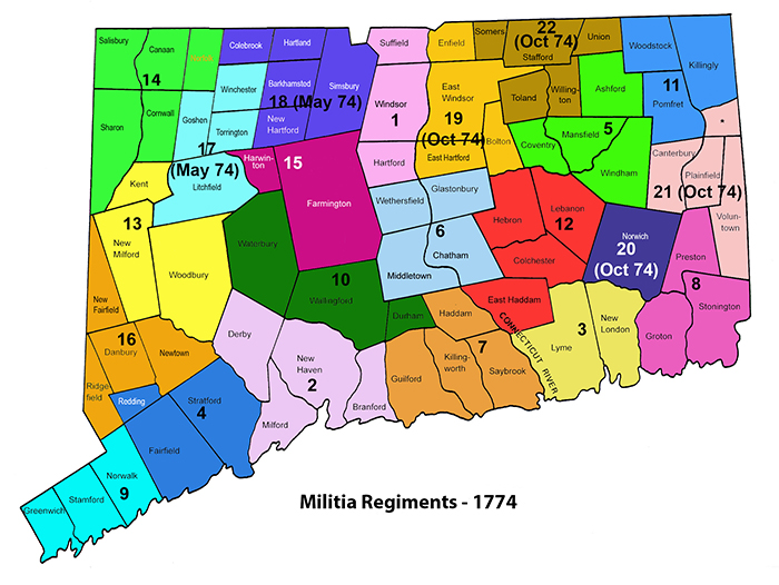 Map 3 -The Organization of the Connecticut Militia at the Start of the Revolutionary War. See full size.