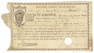 U.S. Loan Office bond issued in 1790, paying 3 percent interest. (liveauctioneers.com and Early American Auctions)