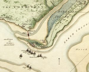 Adapted from A Plan of the Attack of Fort Sulivan, near Charles Town in South Carolina, by a squadron of His Majesty’s Ships, on the 28th of June 1776. London: William Faden, 1776. (Robert Charles Lawrence Fergusson Collection, the Society of the Cincinnati, Washington, DC)