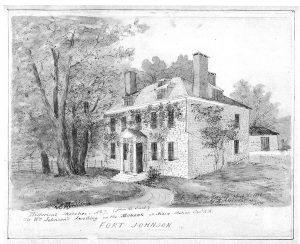 Sketch of Sir William Johnson’s dwelling on the Mohawk River by Rufus Grider, Canajoharie 1886 (Old Fort Johnson National Historic Landmark)