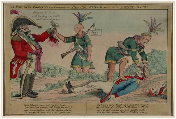 British and Indian scalping on the frontier. William Charles, A scene on the frontiers as practiced by the “humane” British and their “worthy allies. (Philadelphia, 1812). (Library of Congress)