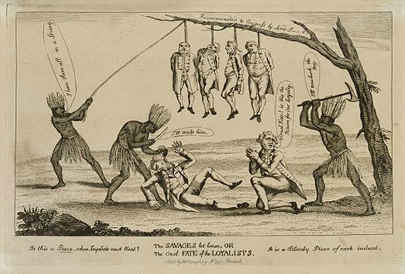 Loyalists being scalped by Patriot allied Indians. William Humphrey, The savages let loose, or The cruel fate of the Loyalists. (London, 1783). (Library of Congress)