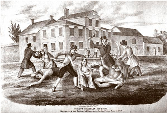 The Paxton Boys Massacre Indians. Massacre of the Indians at Lancaster by the Paxton Boys in 1763. (Lancaster, 1841). From John Wilmer’s Events in Indian History. 